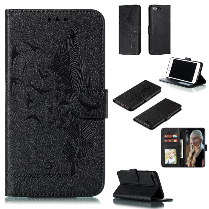 Estuche de cuero con tapa horizontal con textura de litchi con patrón de plumas con billetera y soporte y ranuras para tarjetas