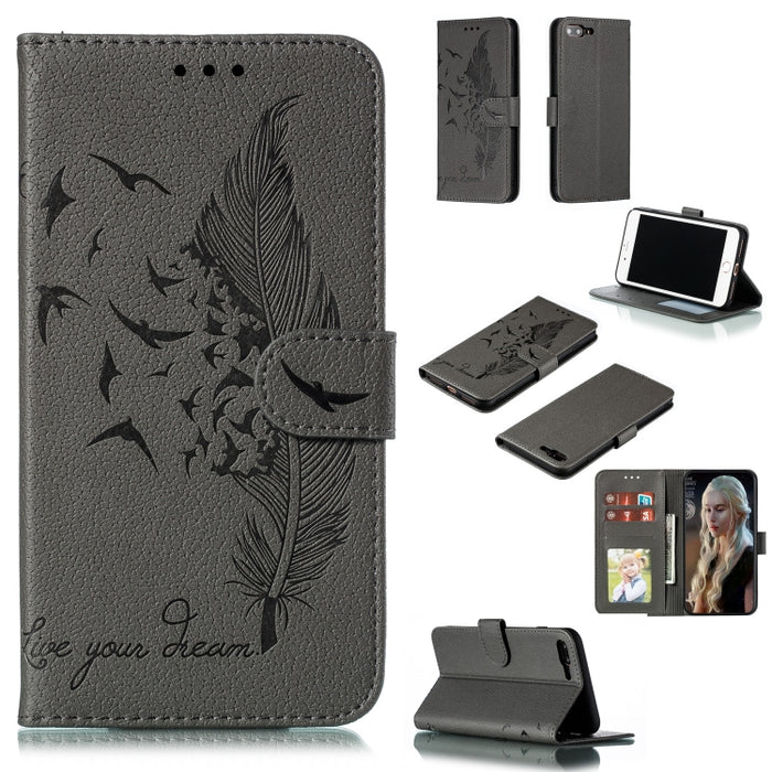 Estuche de cuero con tapa horizontal con textura de litchi con patrón de plumas con billetera y soporte y ranuras para tarjetas