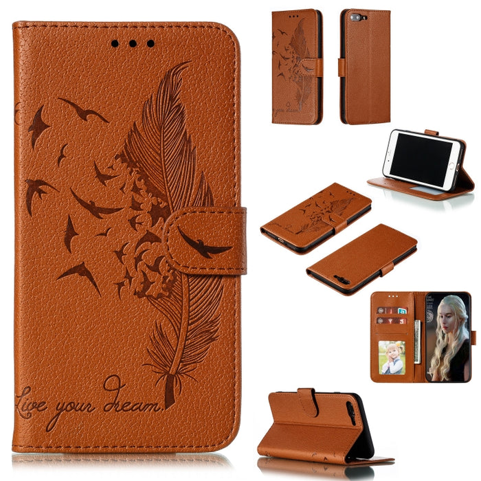 Estuche de cuero con tapa horizontal con textura de litchi con patrón de plumas con billetera y soporte y ranuras para tarjetas