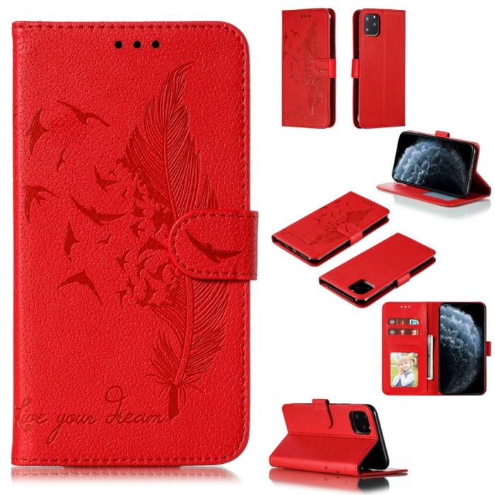 Estuche de cuero con tapa horizontal con textura de litchi con patrón de plumas con billetera y soporte y ranuras para tarjetas