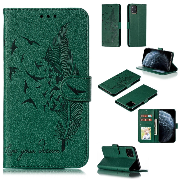 Estuche de cuero con tapa horizontal con textura de litchi con patrón de plumas con billetera y soporte y ranuras para tarjetas