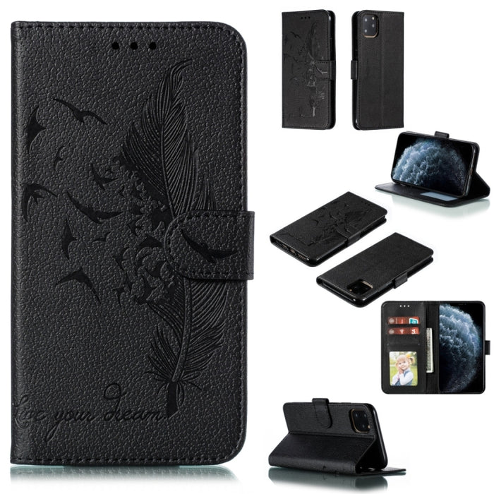 Estuche de cuero con tapa horizontal con textura de litchi con patrón de plumas con billetera y soporte y ranuras para tarjetas