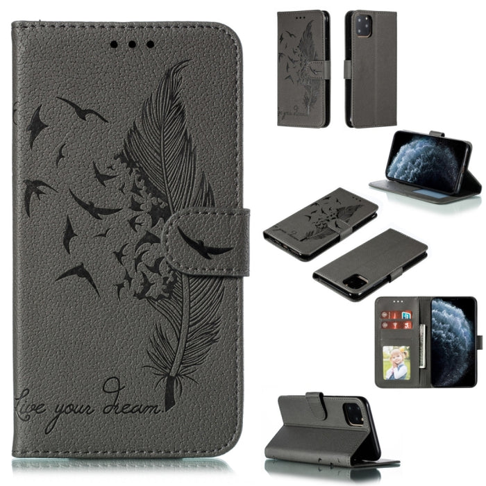 Estuche de cuero con tapa horizontal con textura de litchi con patrón de plumas con billetera y soporte y ranuras para tarjetas