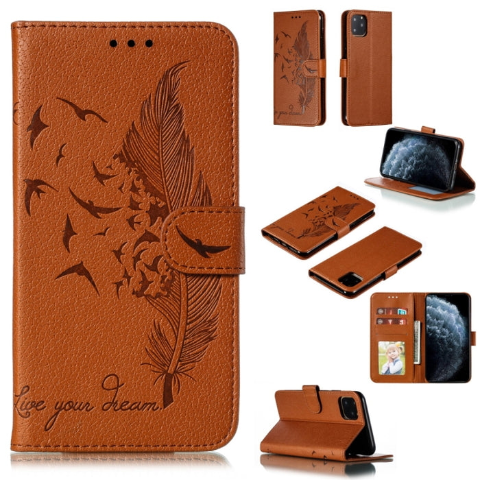 Estuche de cuero con tapa horizontal con textura de litchi con patrón de plumas con billetera y soporte y ranuras para tarjetas