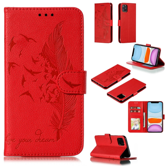 Estuche de cuero con tapa horizontal con textura de litchi con patrón de plumas con billetera y soporte y ranuras para tarjetas