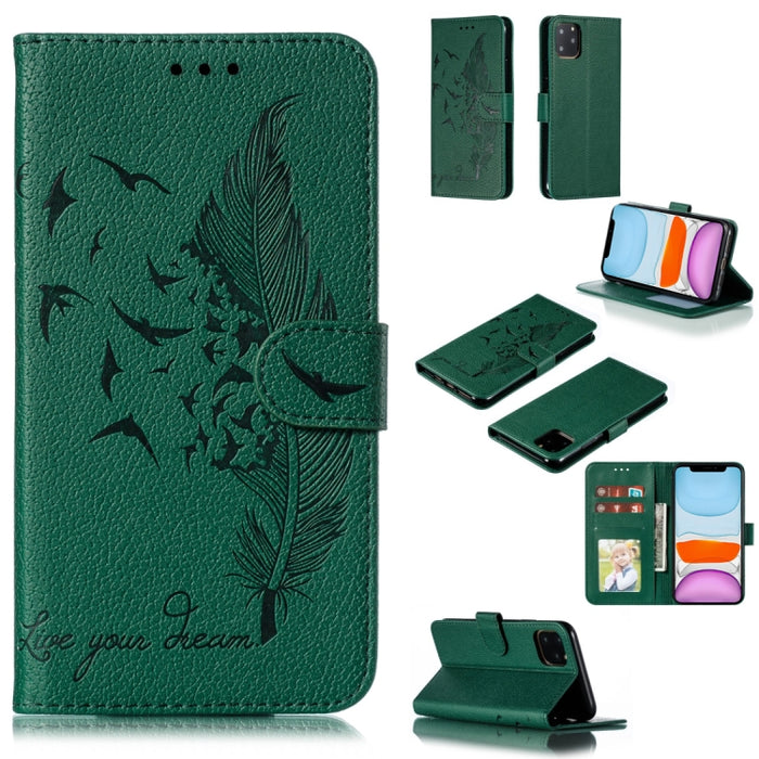 Estuche de cuero con tapa horizontal con textura de litchi con patrón de plumas con billetera y soporte y ranuras para tarjetas