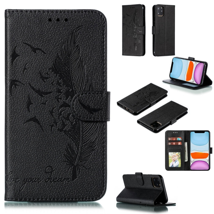 Estuche de cuero con tapa horizontal con textura de litchi con patrón de plumas con billetera y soporte y ranuras para tarjetas