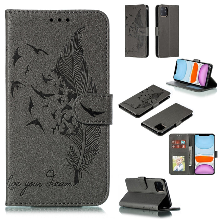 Estuche de cuero con tapa horizontal con textura de litchi con patrón de plumas con billetera y soporte y ranuras para tarjetas