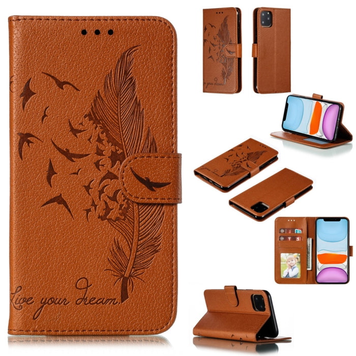 Estuche de cuero con tapa horizontal con textura de litchi con patrón de plumas con billetera y soporte y ranuras para tarjetas