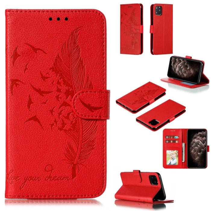 Estuche de cuero con tapa horizontal con textura de litchi con patrón de plumas con billetera y soporte y ranuras para tarjetas
