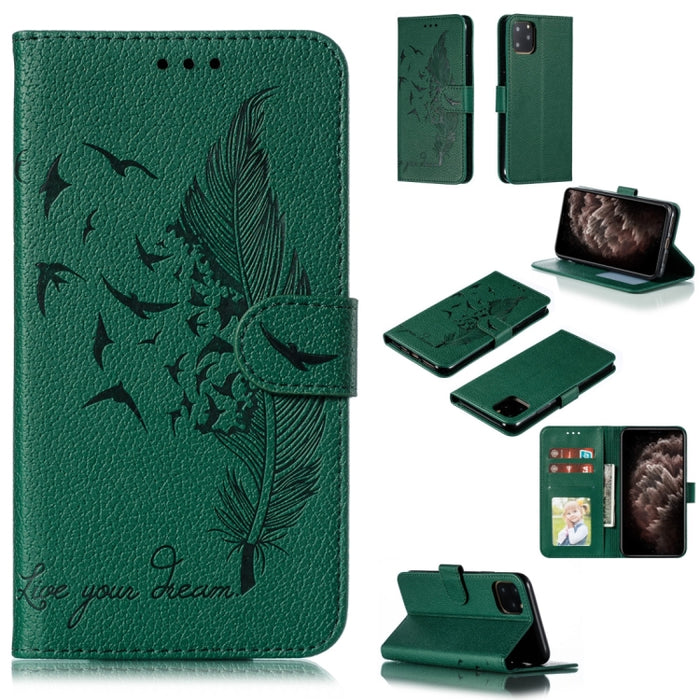 Estuche de cuero con tapa horizontal con textura de litchi con patrón de plumas con billetera y soporte y ranuras para tarjetas