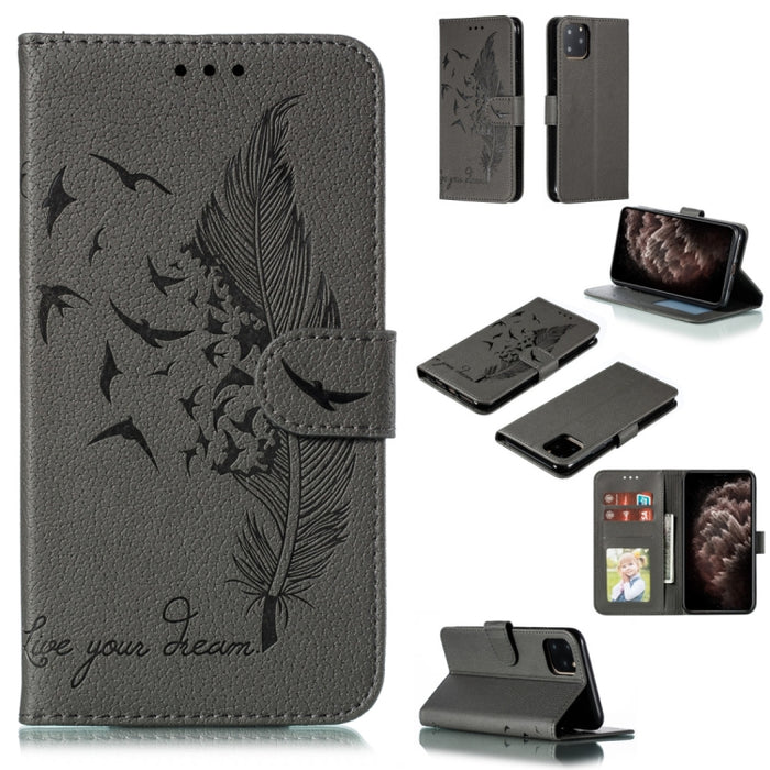 Estuche de cuero con tapa horizontal con textura de litchi con patrón de plumas con billetera y soporte y ranuras para tarjetas