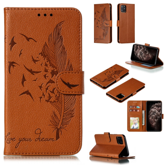 Estuche de cuero con tapa horizontal con textura de litchi con patrón de plumas con billetera y soporte y ranuras para tarjetas