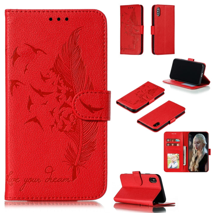 Estuche de cuero con tapa horizontal con textura de litchi con patrón de plumas con billetera y soporte y ranuras para tarjetas