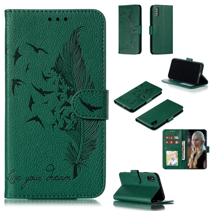 Estuche de cuero con tapa horizontal con textura de litchi con patrón de plumas con billetera y soporte y ranuras para tarjetas