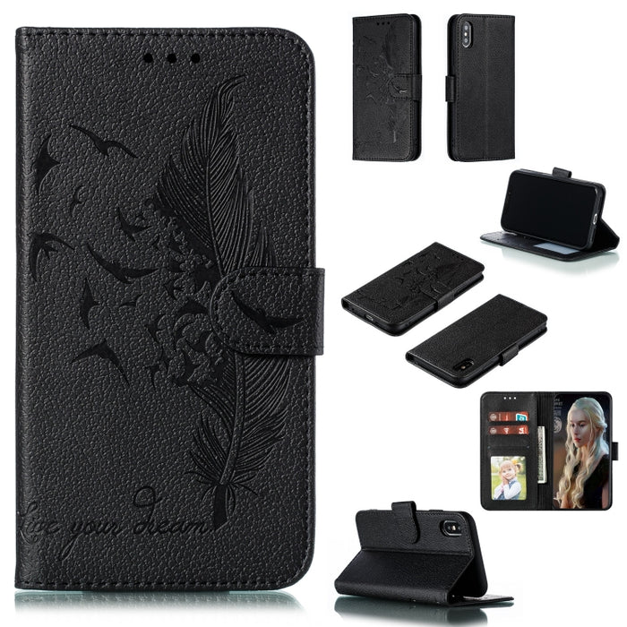 Estuche de cuero con tapa horizontal con textura de litchi con patrón de plumas con billetera y soporte y ranuras para tarjetas