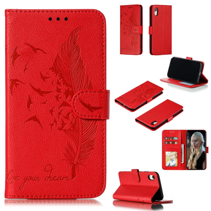 Estuche de cuero con tapa horizontal con textura de litchi con patrón de plumas con billetera y soporte y ranuras para tarjetas