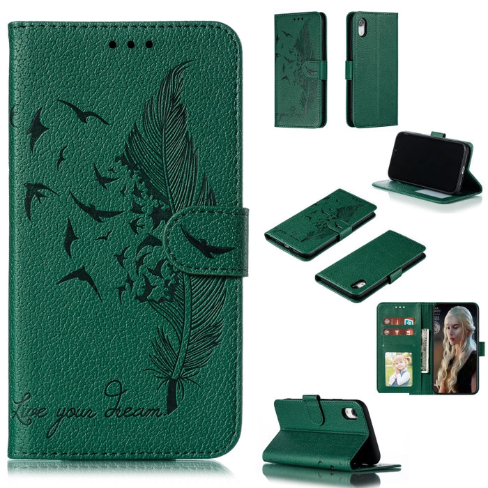 Estuche de cuero con tapa horizontal con textura de litchi con patrón de plumas con billetera y soporte y ranuras para tarjetas