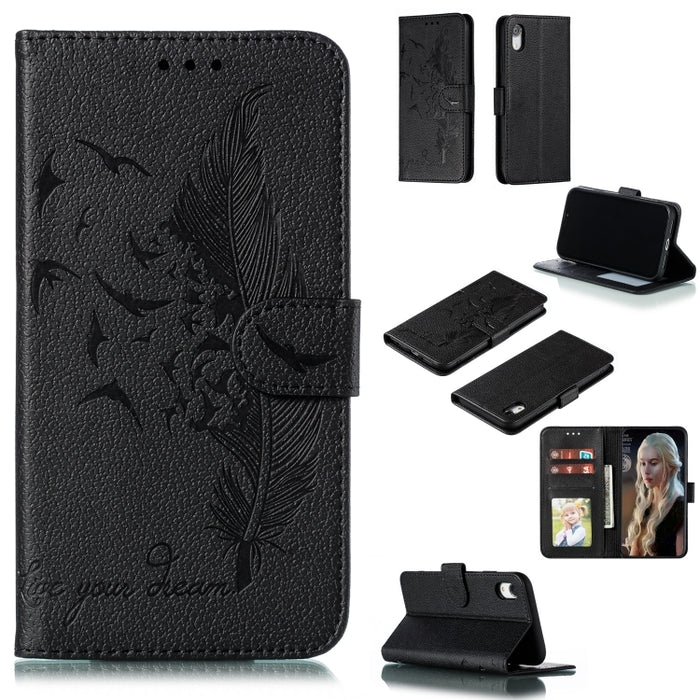Estuche de cuero con tapa horizontal con textura de litchi con patrón de plumas con billetera y soporte y ranuras para tarjetas