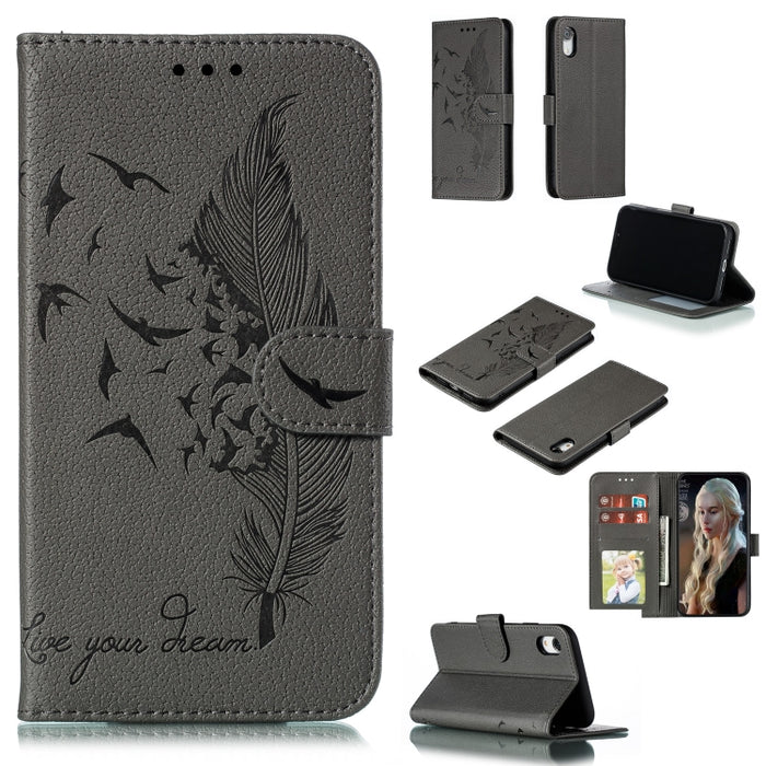 Estuche de cuero con tapa horizontal con textura de litchi con patrón de plumas con billetera y soporte y ranuras para tarjetas