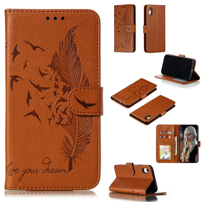 Estuche de cuero con tapa horizontal con textura de litchi con patrón de plumas con billetera y soporte y ranuras para tarjetas