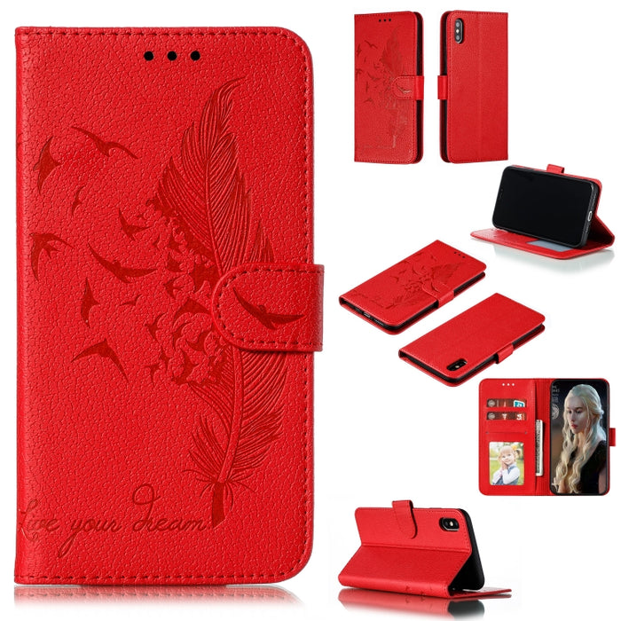 Estuche de cuero con tapa horizontal con textura de litchi con patrón de plumas con billetera y soporte y ranuras para tarjetas