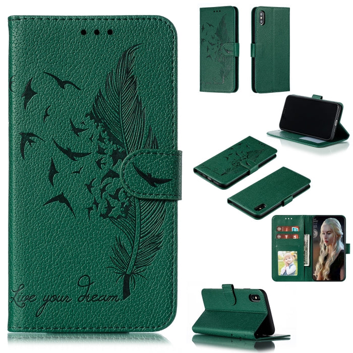Estuche de cuero con tapa horizontal con textura de litchi con patrón de plumas con billetera y soporte y ranuras para tarjetas