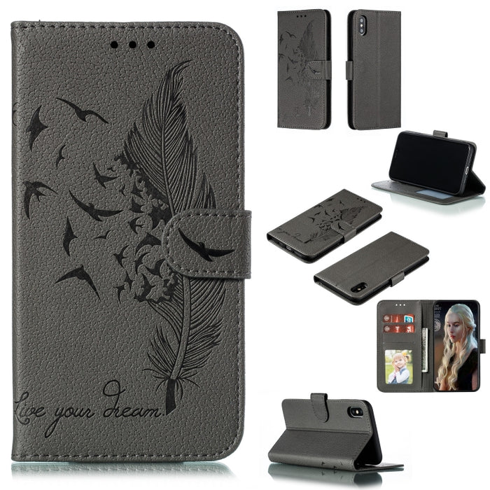 Estuche de cuero con tapa horizontal con textura de litchi con patrón de plumas con billetera y soporte y ranuras para tarjetas