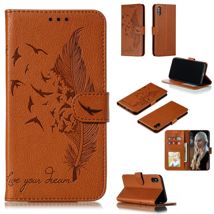 Estuche de cuero con tapa horizontal con textura de litchi con patrón de plumas con billetera y soporte y ranuras para tarjetas