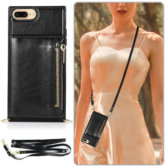 Funda cuadrada con cremallera para billetera TPU + PU Funda con soporte y ranuras para tarjetas y billetera y correa cruzada