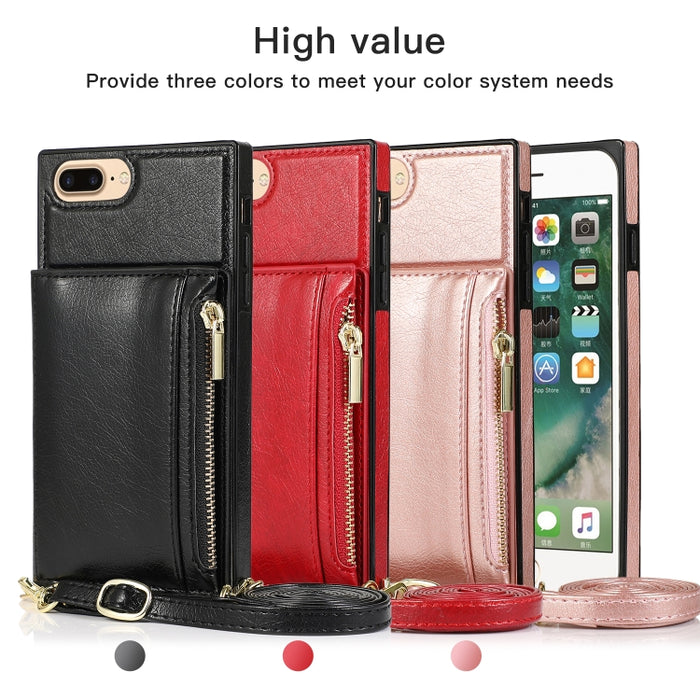 Funda cuadrada con cremallera para billetera TPU + PU Funda con soporte y ranuras para tarjetas y billetera y correa cruzada