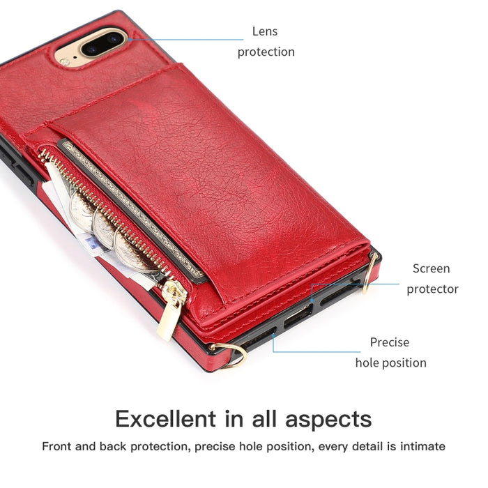 Funda cuadrada con cremallera para billetera TPU + PU Funda con soporte y ranuras para tarjetas y billetera y correa cruzada