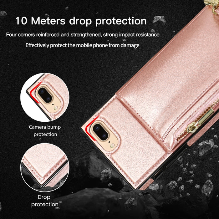 Funda cuadrada con cremallera para billetera TPU + PU Funda con soporte y ranuras para tarjetas y billetera y correa cruzada