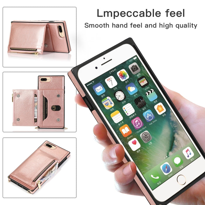 Funda cuadrada con cremallera para billetera TPU + PU Funda con soporte y ranuras para tarjetas y billetera y correa cruzada