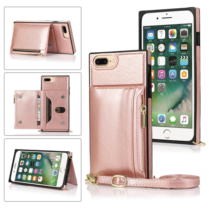 Funda cuadrada con cremallera para billetera TPU + PU Funda con soporte y ranuras para tarjetas y billetera y correa cruzada