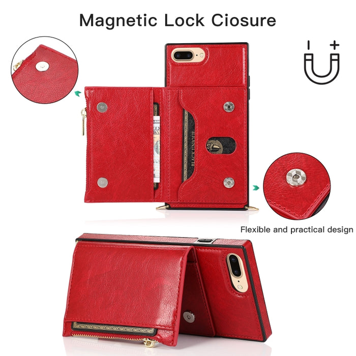 Funda cuadrada con cremallera para billetera TPU + PU Funda con soporte y ranuras para tarjetas y billetera y correa cruzada