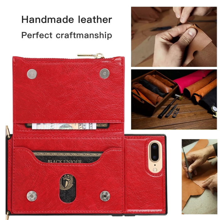 Funda cuadrada con cremallera para billetera TPU + PU Funda con soporte y ranuras para tarjetas y billetera y correa cruzada