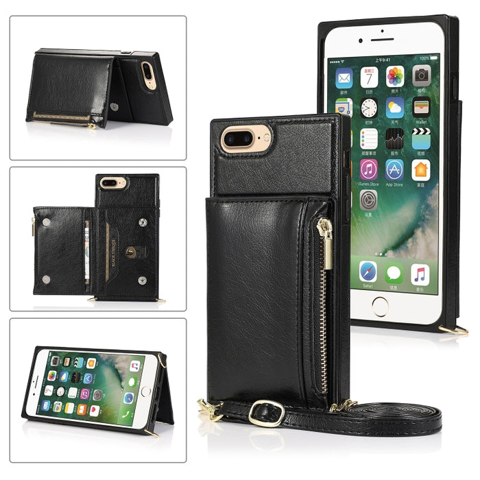 Funda cuadrada con cremallera para billetera TPU + PU Funda con soporte y ranuras para tarjetas y billetera y correa cruzada