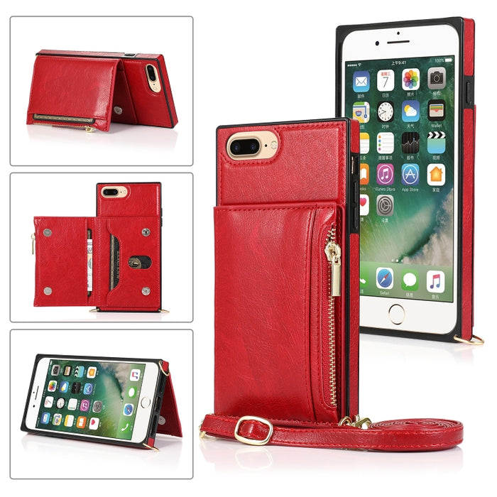 Funda cuadrada con cremallera para billetera TPU + PU Funda con soporte y ranuras para tarjetas y billetera y correa cruzada