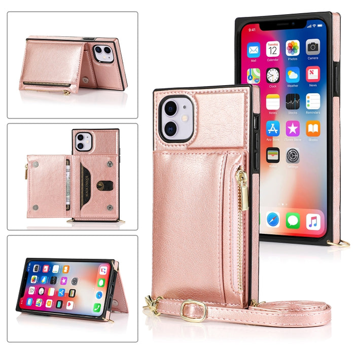 Funda cuadrada con cremallera para billetera TPU + PU Funda con soporte y ranuras para tarjetas y billetera y correa cruzada