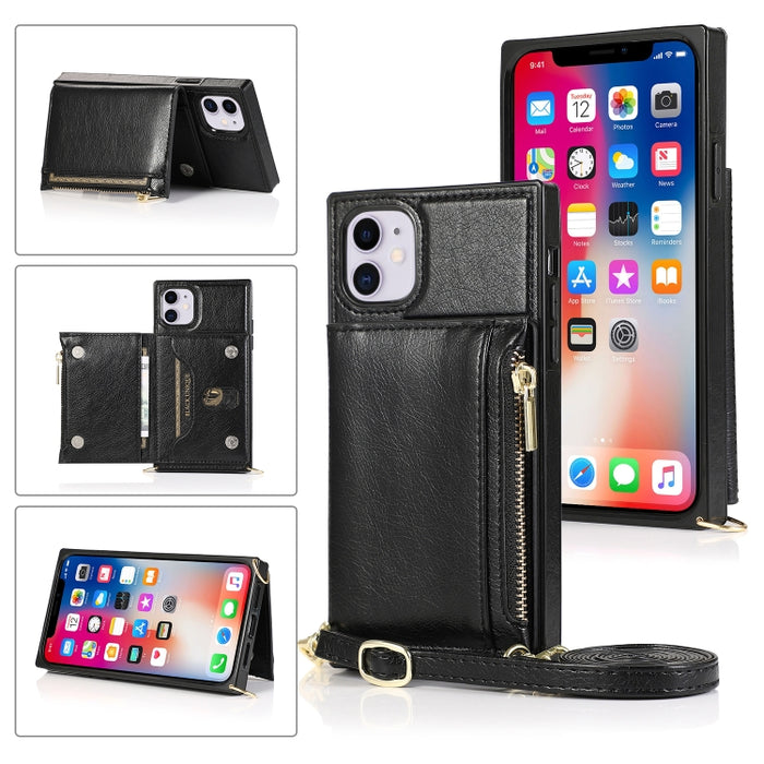 Funda cuadrada con cremallera para billetera TPU + PU Funda con soporte y ranuras para tarjetas y billetera y correa cruzada