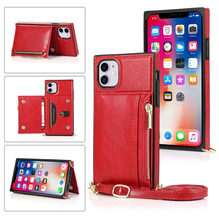 Funda cuadrada con cremallera para billetera TPU + PU Funda con soporte y ranuras para tarjetas y billetera y correa cruzada