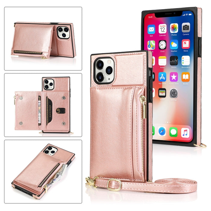 Funda cuadrada con cremallera para billetera TPU + PU Funda con soporte y ranuras para tarjetas y billetera y correa cruzada