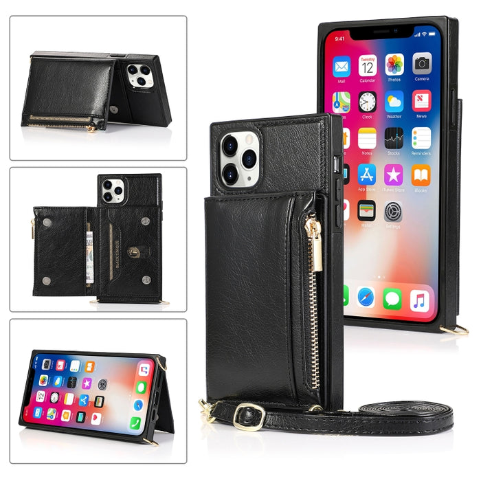 Funda cuadrada con cremallera para billetera TPU + PU Funda con soporte y ranuras para tarjetas y billetera y correa cruzada