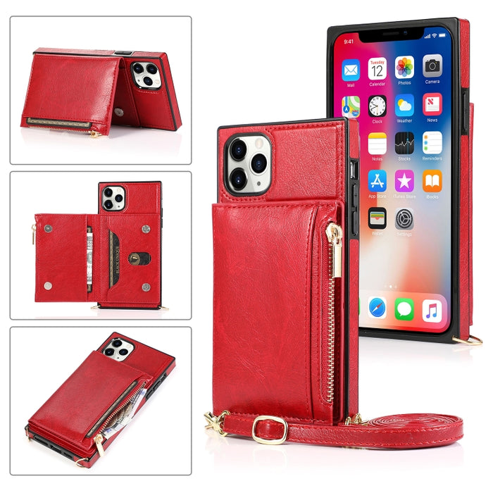 Funda cuadrada con cremallera para billetera TPU + PU Funda con soporte y ranuras para tarjetas y billetera y correa cruzada