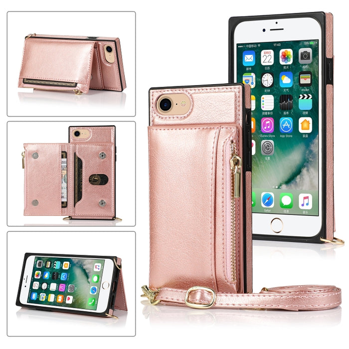 Funda cuadrada con cremallera para billetera TPU + PU Funda con soporte y ranuras para tarjetas y billetera y correa cruzada