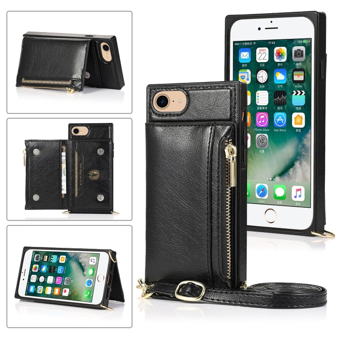 Funda cuadrada con cremallera para billetera TPU + PU Funda con soporte y ranuras para tarjetas y billetera y correa cruzada