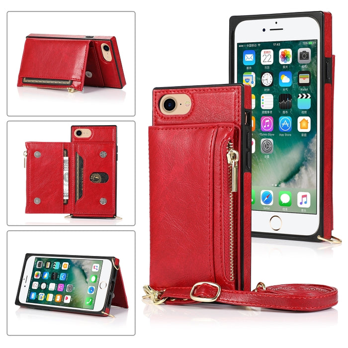 Funda cuadrada con cremallera para billetera TPU + PU Funda con soporte y ranuras para tarjetas y billetera y correa cruzada