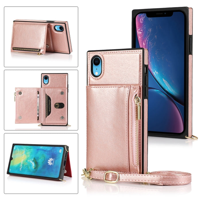 Funda cuadrada con cremallera para billetera TPU + PU Funda con soporte y ranuras para tarjetas y billetera y correa cruzada