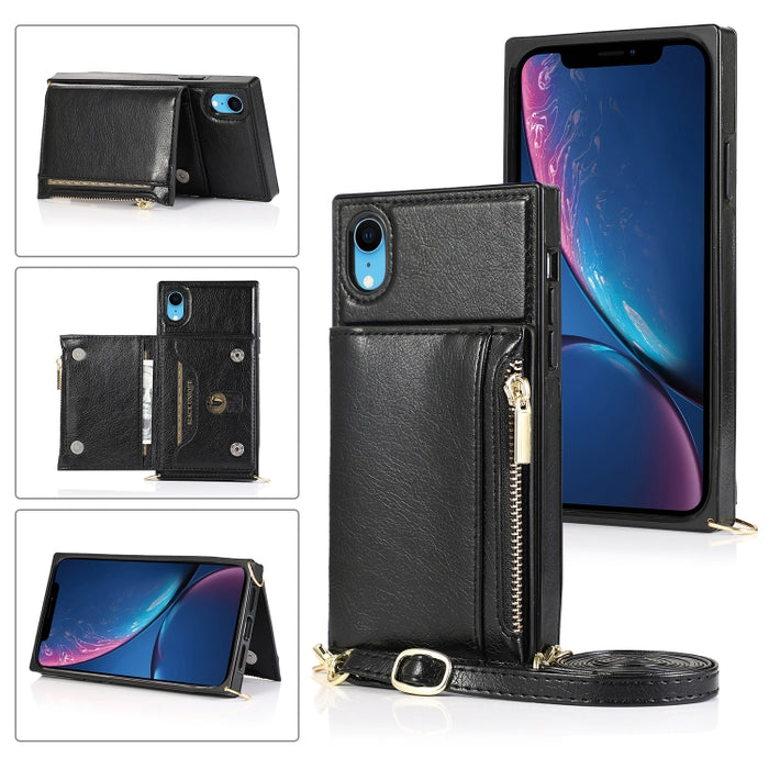 Funda cuadrada con cremallera para billetera TPU + PU Funda con soporte y ranuras para tarjetas y billetera y correa cruzada